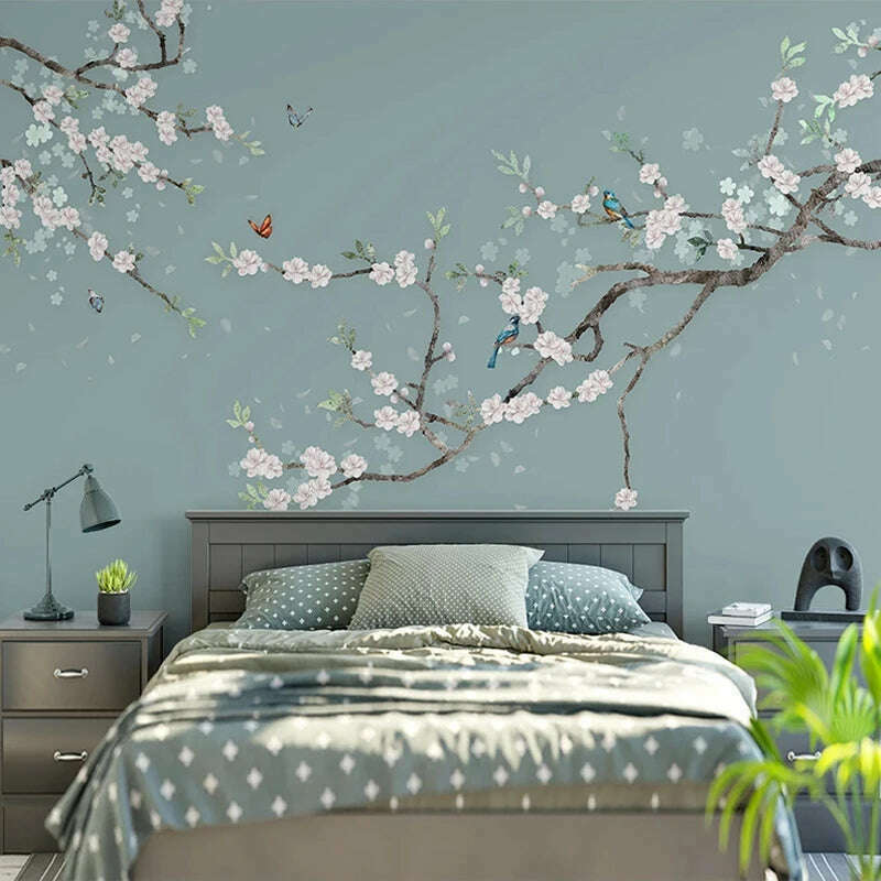 Chinese Style Hand Painted Flower And Bird Sofa TV Background 3D Photo Wallpaper Modern Bedroom Living Room Mural Wall Covering - KIMLUD