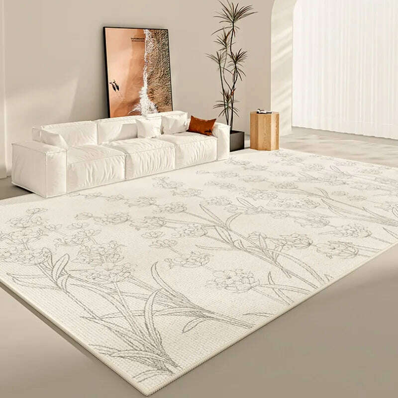 KIMLUD, Chinese Style Living Room Large Area Carpets Flower Pattern Bedroom Bedside Carpet White Cloakroom Rugs Black Line Balcony Rug, KIMLUD Womens Clothes