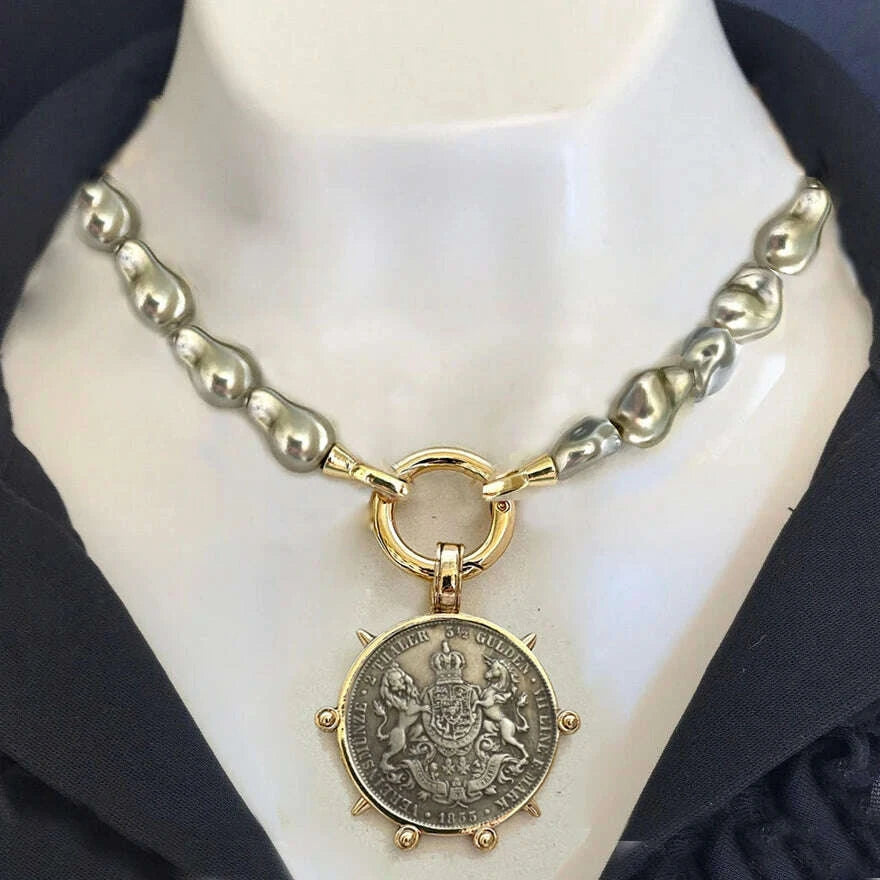 Choker Necklace - Coin Charm Pendant - Cubic Zirconia - Grey | KIMLUD