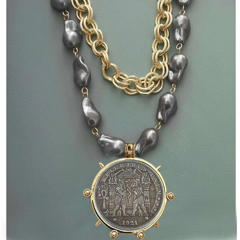 Choker Necklace - Coin Charm Pendant - Cubic Zirconia - Grey | KIMLUD