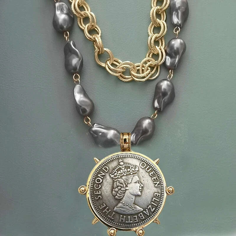 Choker Necklace - Coin Charm Pendant - Cubic Zirconia - Grey | KIMLUD
