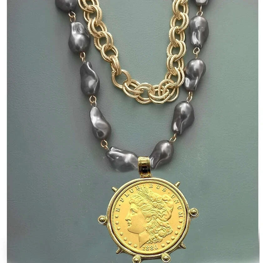 Choker Necklace - Coin Charm Pendant - Cubic Zirconia - Grey | KIMLUD