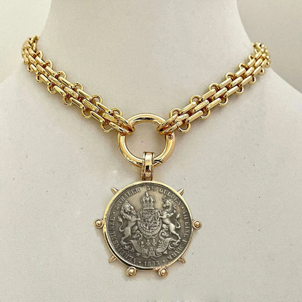 Choker Necklace - Coin Charm Pendant - Cubic Zirconia - Grey | KIMLUD