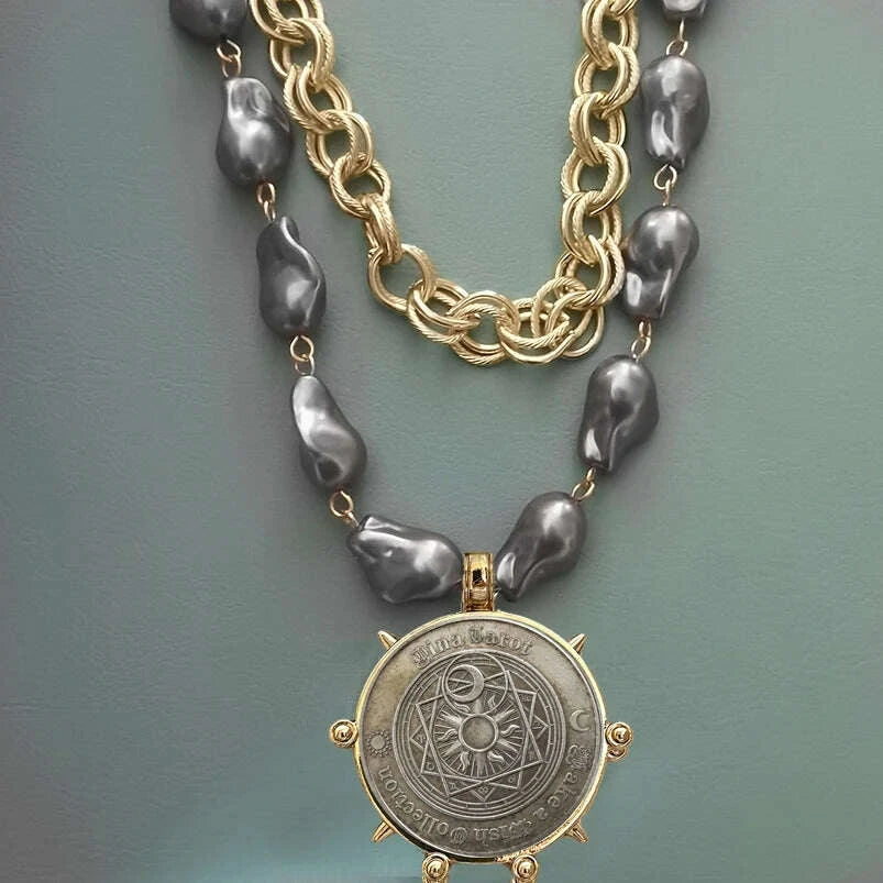 Choker Necklace - Coin Charm Pendant - Cubic Zirconia - Grey | KIMLUD