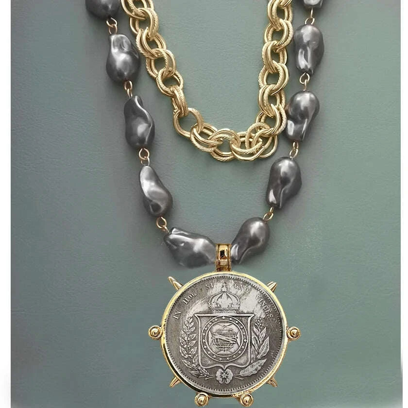 Choker Necklace - Coin Charm Pendant - Cubic Zirconia - Grey | KIMLUD