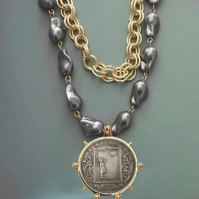 Choker Necklace - Coin Charm Pendant - Cubic Zirconia - Grey | KIMLUD
