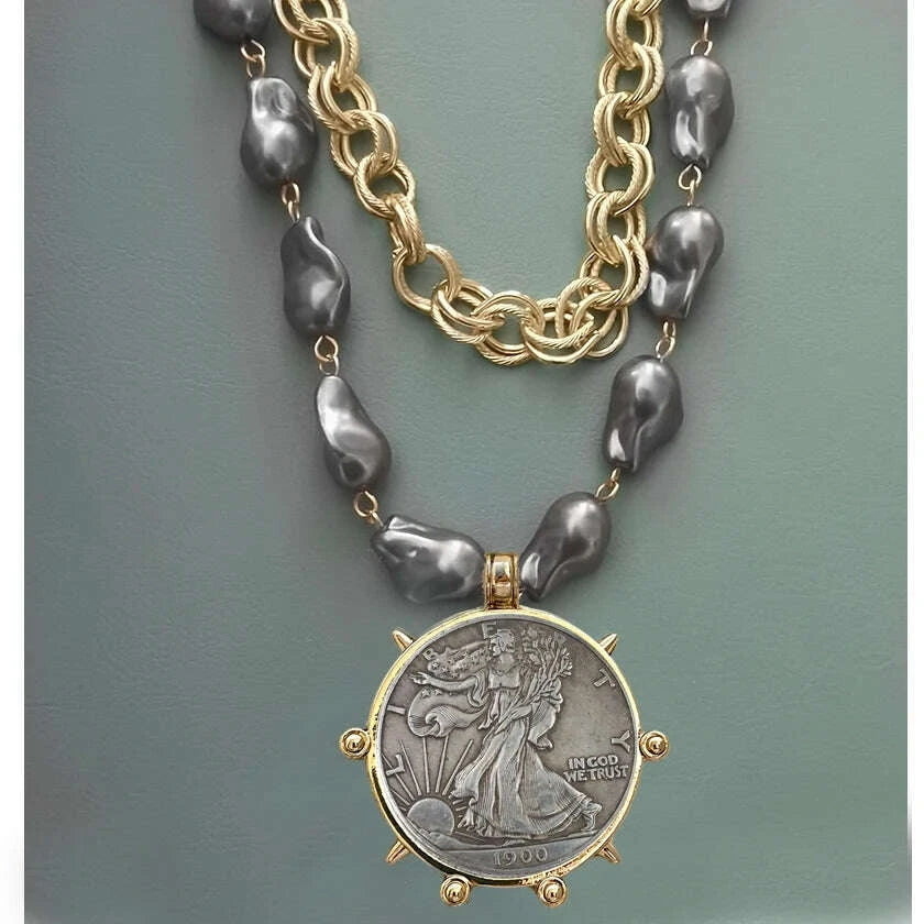Choker Necklace - Coin Charm Pendant - Cubic Zirconia - Grey | KIMLUD