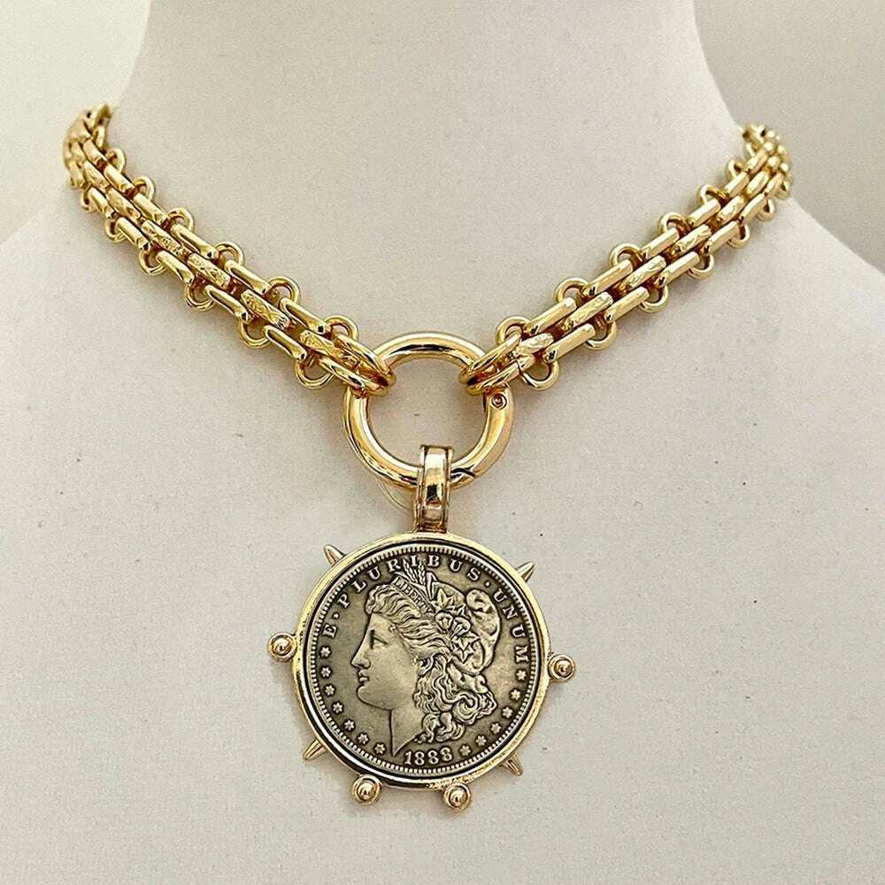 Choker Necklace - Coin Charm Pendant - Cubic Zirconia - Grey | KIMLUD