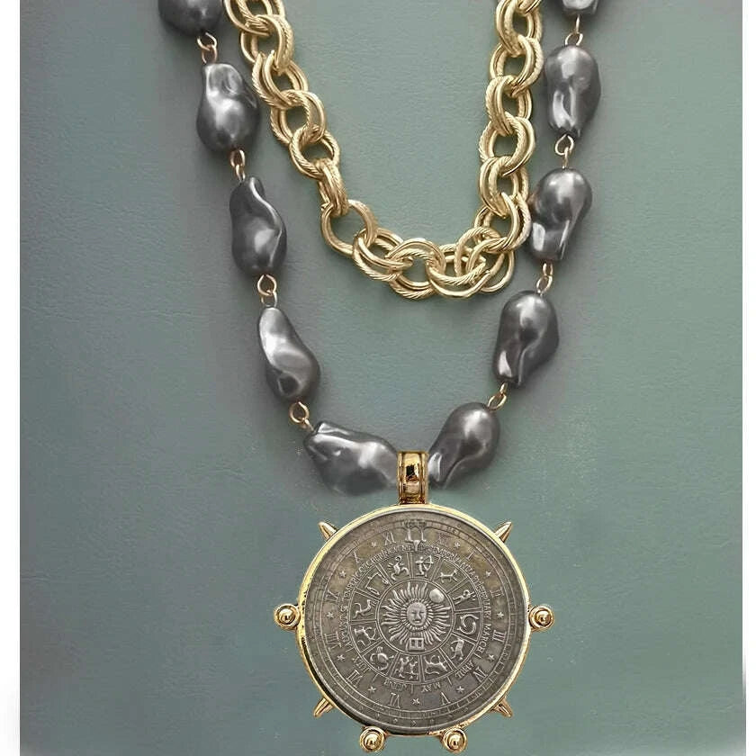Choker Necklace - Coin Charm Pendant - Cubic Zirconia - Grey | KIMLUD