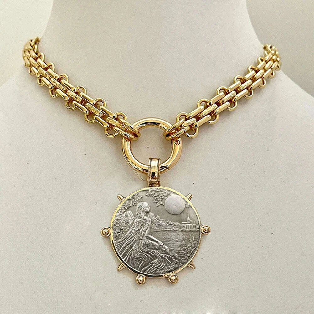 Choker Necklace - Coin Charm Pendant - Cubic Zirconia - Grey | KIMLUD