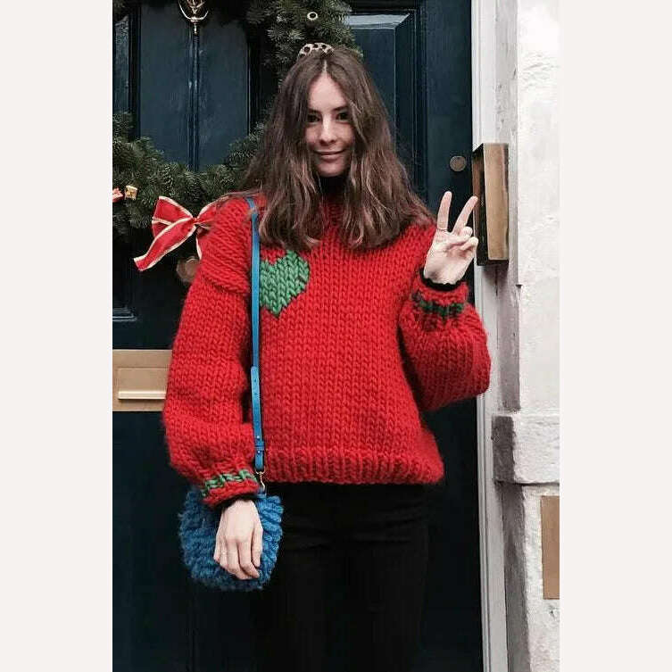 Christmas Big Red Beautiful Nuo Pure Wool Pure Wool Handmade Knitted Coarse Wool Sweater Women's Long Sleeve Pullover Love Women - KIMLUD