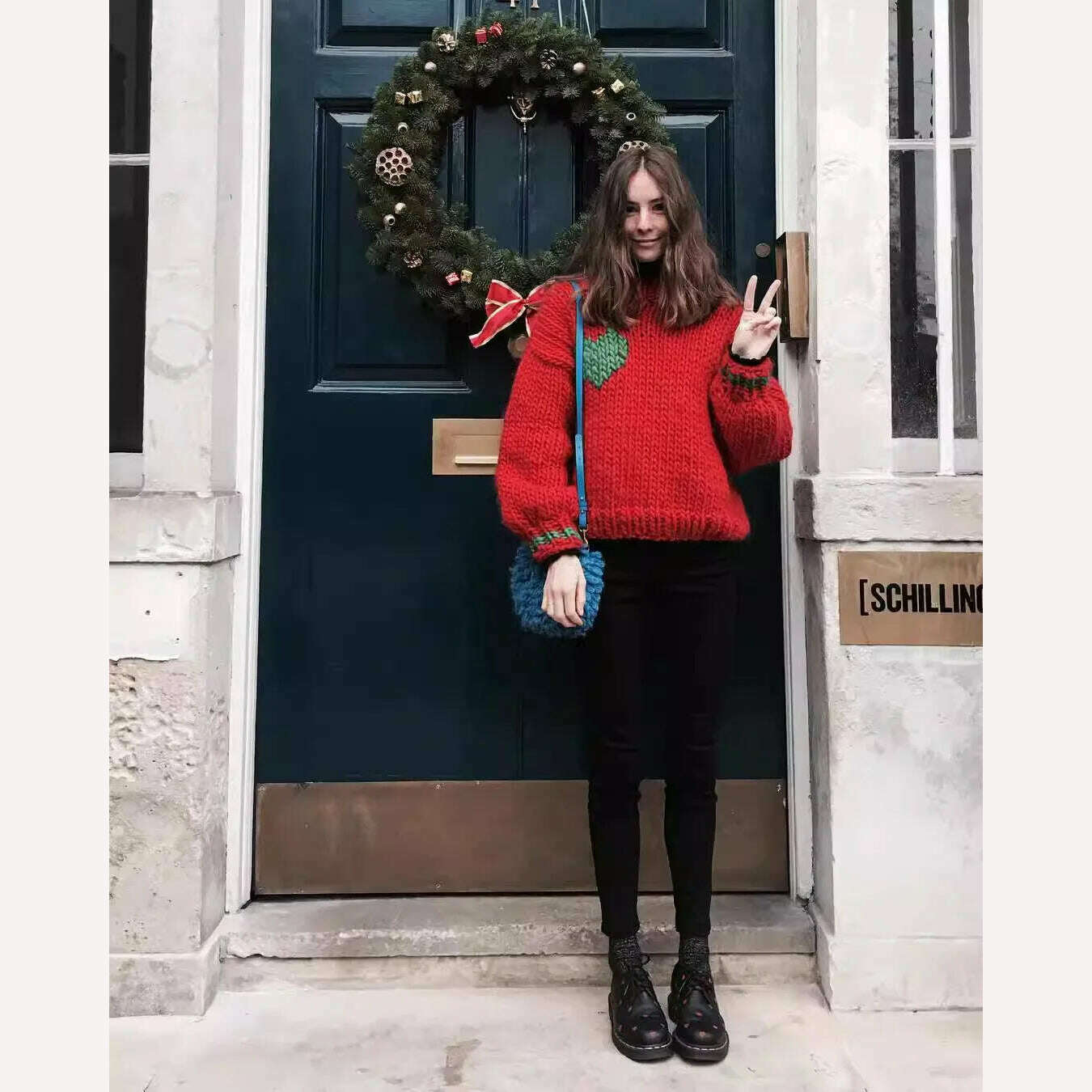 Christmas Big Red Beautiful Nuo Pure Wool Pure Wool Handmade Knitted Coarse Wool Sweater Women's Long Sleeve Pullover Love Women - KIMLUD