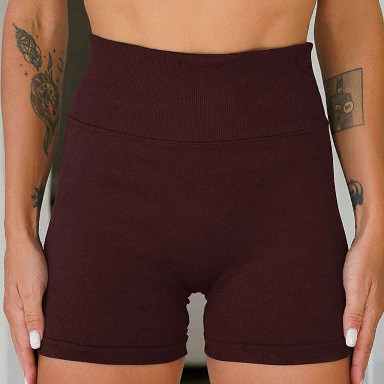 KIMLUD, CHRLEISURE Summer Push Up Sexy Gym Cycling Shorts Women Solid Color High Waist Fitness Sport Women Shorts Seamless Short Pants, Brown / S, KIMLUD Womens Clothes