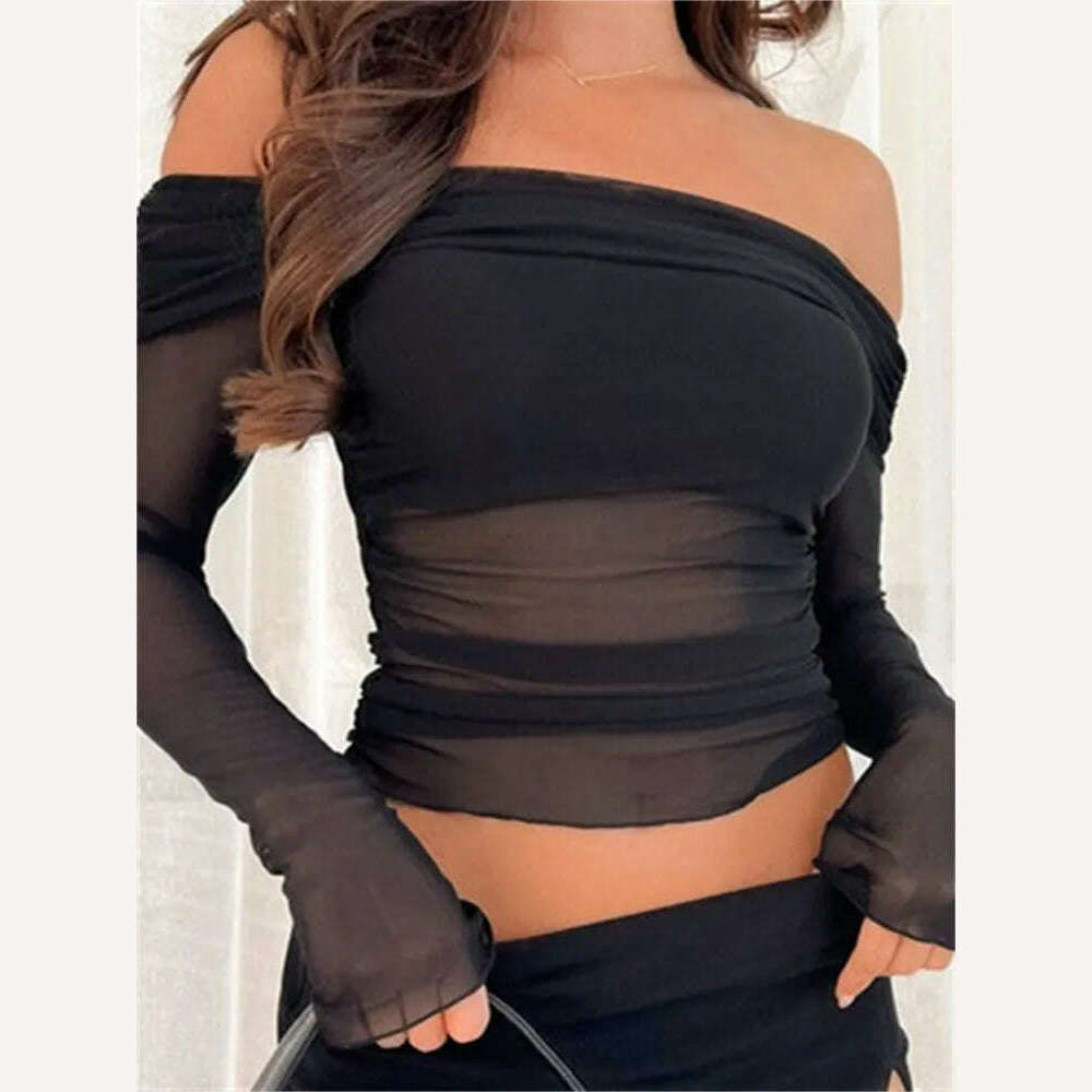 KIMLUD, CHRONSTYLE Mesh Sheer See Through T-shirts Crop Tops Summer Party Clubwear Women Sexy Slash Neck Off Shoulder Ruched Tees Shirts, black / L, KIMLUD Womens Clothes