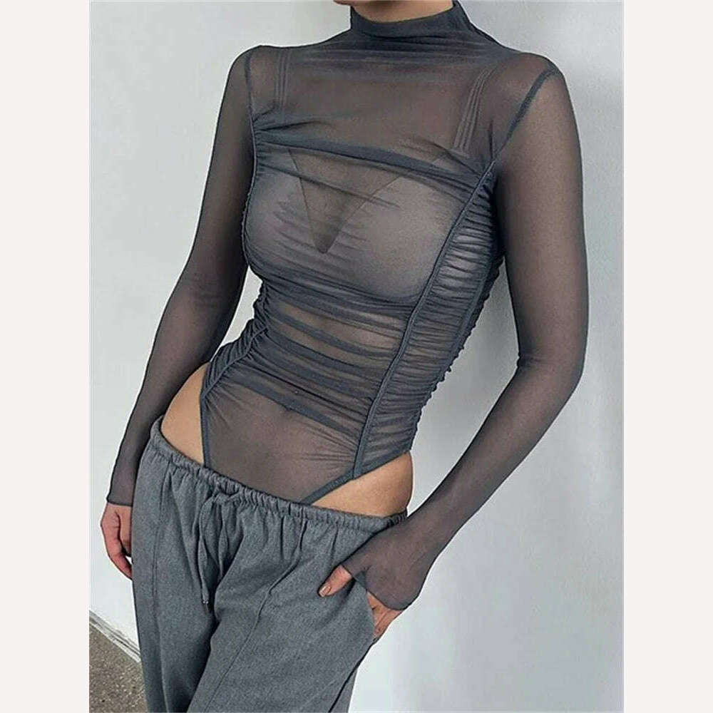KIMLUD, CHRONSTYLE Sexy Women Long Sleeve Ruched Bodysuits Solid Mesh See-Through High Neck Slim Rompers Spring Fall Jumpsuits Clubwear, KIMLUD Womens Clothes