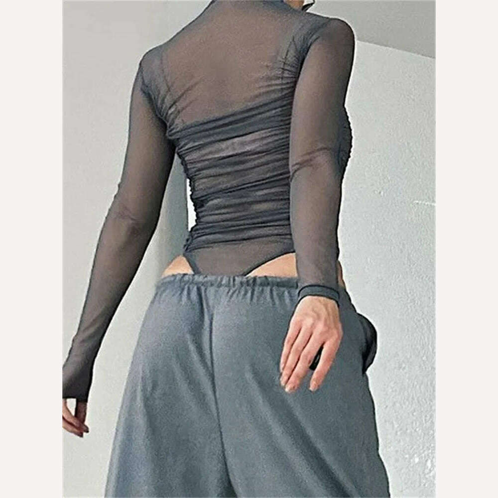 KIMLUD, CHRONSTYLE Sexy Women Long Sleeve Ruched Bodysuits Solid Mesh See-Through High Neck Slim Rompers Spring Fall Jumpsuits Clubwear, KIMLUD Womens Clothes