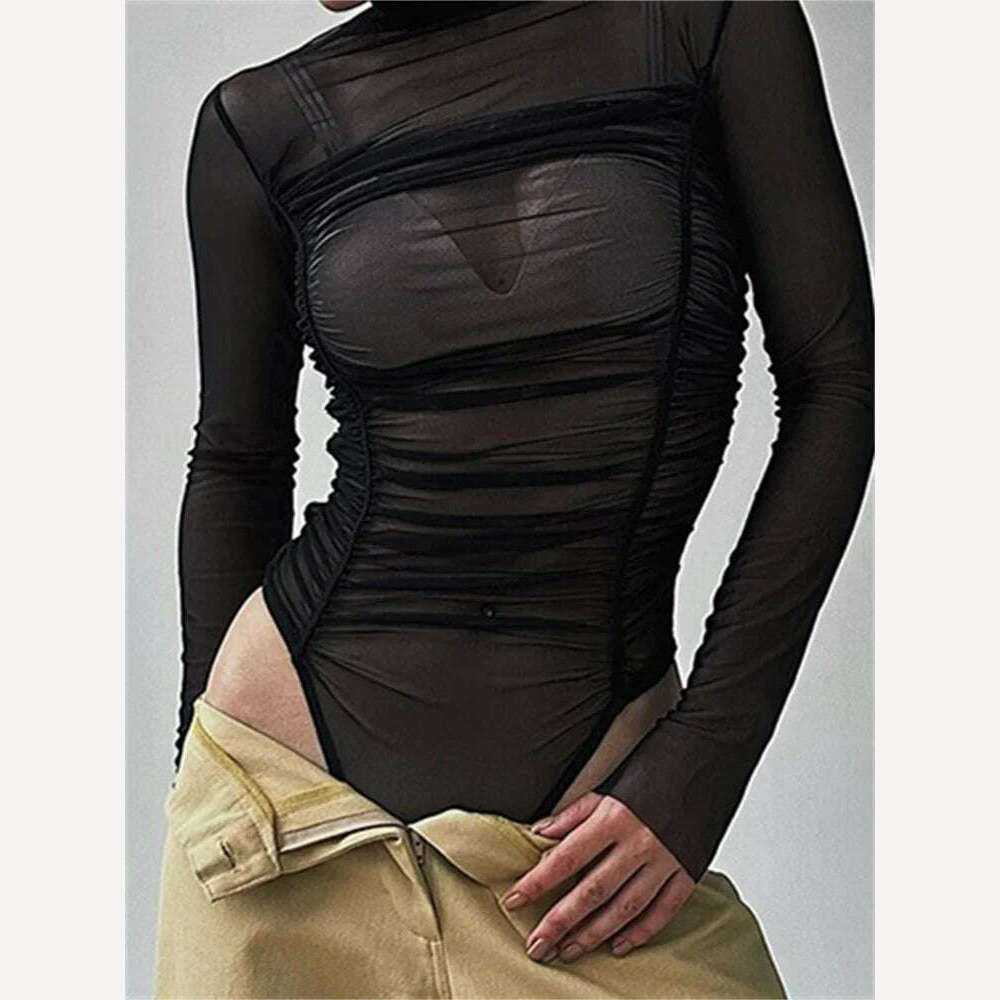 KIMLUD, CHRONSTYLE Sexy Women Long Sleeve Ruched Bodysuits Solid Mesh See-Through High Neck Slim Rompers Spring Fall Jumpsuits Clubwear, KIMLUD Womens Clothes