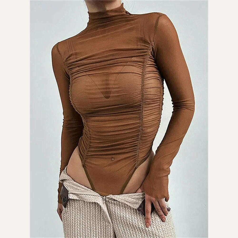 KIMLUD, CHRONSTYLE Sexy Women Long Sleeve Ruched Bodysuits Solid Mesh See-Through High Neck Slim Rompers Spring Fall Jumpsuits Clubwear, KIMLUD Womens Clothes