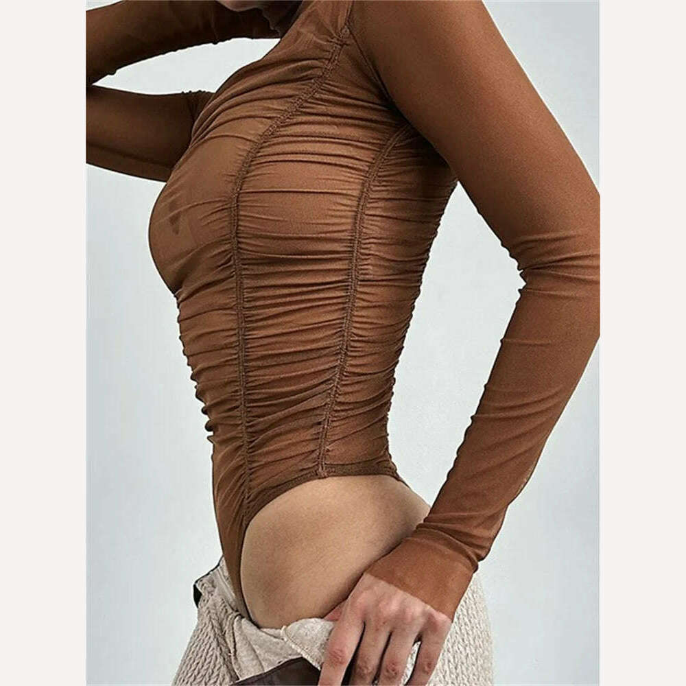 KIMLUD, CHRONSTYLE Sexy Women Long Sleeve Ruched Bodysuits Solid Mesh See-Through High Neck Slim Rompers Spring Fall Jumpsuits Clubwear, KIMLUD Womens Clothes