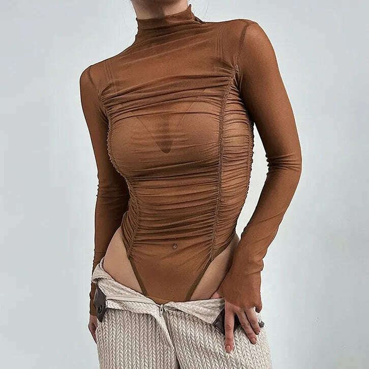 KIMLUD, CHRONSTYLE Sexy Women Long Sleeve Ruched Bodysuits Solid Mesh See-Through High Neck Slim Rompers Spring Fall Jumpsuits Clubwear, KIMLUD Womens Clothes