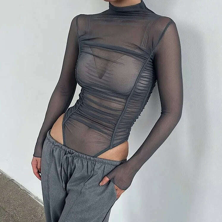 KIMLUD, CHRONSTYLE Sexy Women Long Sleeve Ruched Bodysuits Solid Mesh See-Through High Neck Slim Rompers Spring Fall Jumpsuits Clubwear, B / S, KIMLUD APPAREL - Womens Clothes