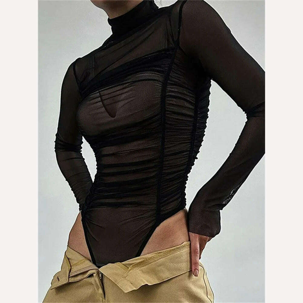 KIMLUD, CHRONSTYLE Sexy Women Long Sleeve Ruched Bodysuits Solid Mesh See-Through High Neck Slim Rompers Spring Fall Jumpsuits Clubwear, KIMLUD Womens Clothes