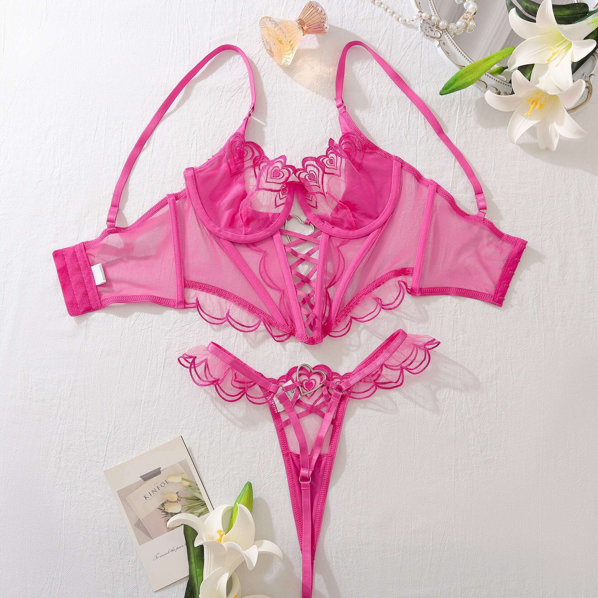 KIMLUD, CHUANGERM Sexy Lingerie Sets Heart Embroidery Rose Lace Transparent Hollow Bra Underwear Fantasy Sexy Clothes For Women Onlyfans, KIMLUD Womens Clothes