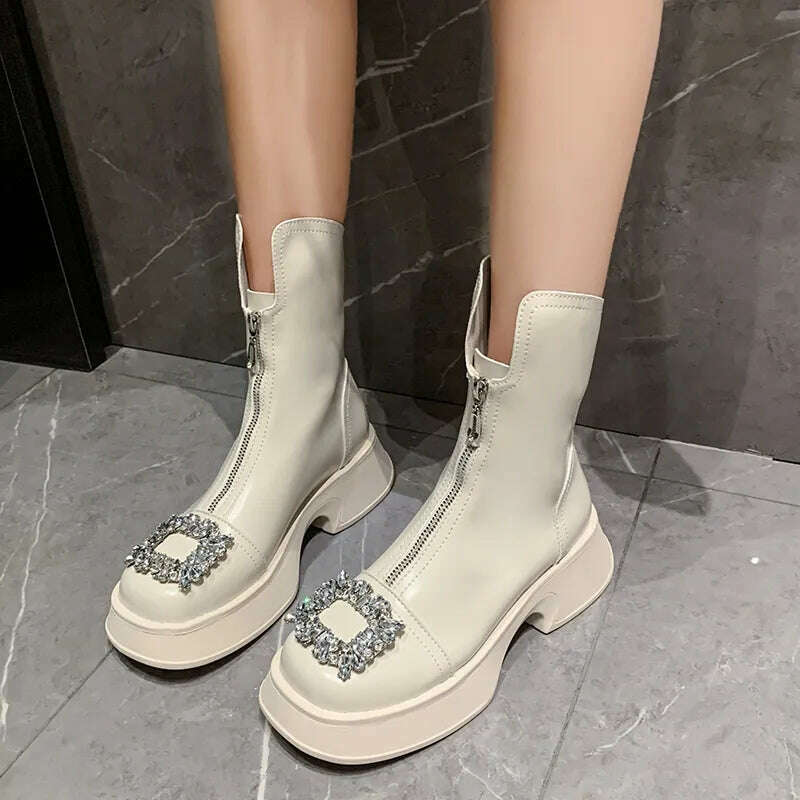 KIMLUD, Chunky Crystal Zipper Chelsea Boots Women Shoes 2023 New Winter Designer Fashion Ankle Boots Snow Punk Goth Gladiator Lady Shoes, KIMLUD Womens Clothes