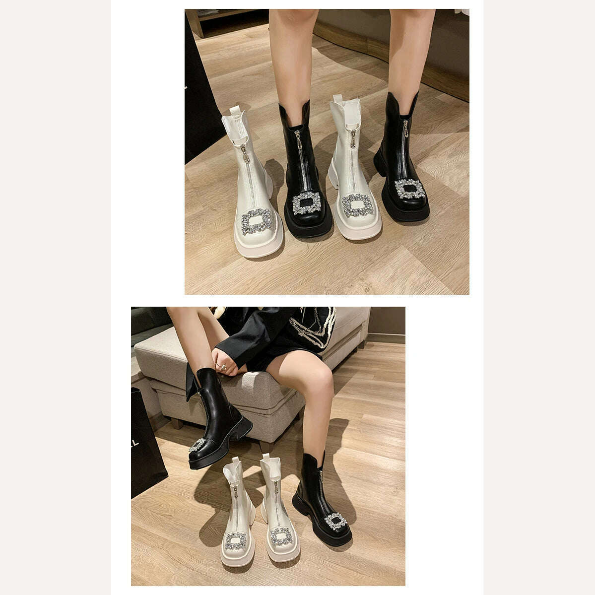 KIMLUD, Chunky Crystal Zipper Chelsea Boots Women Shoes 2023 New Winter Designer Fashion Ankle Boots Snow Punk Goth Gladiator Lady Shoes, KIMLUD Womens Clothes