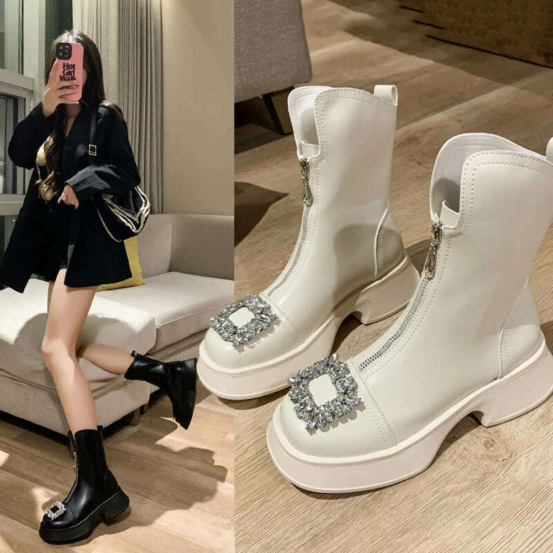 KIMLUD, Chunky Crystal Zipper Chelsea Boots Women Shoes 2023 New Winter Designer Fashion Ankle Boots Snow Punk Goth Gladiator Lady Shoes, KIMLUD Womens Clothes