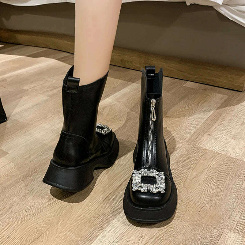 KIMLUD, Chunky Crystal Zipper Chelsea Boots Women Shoes 2023 New Winter Designer Fashion Ankle Boots Snow Punk Goth Gladiator Lady Shoes, KIMLUD Womens Clothes