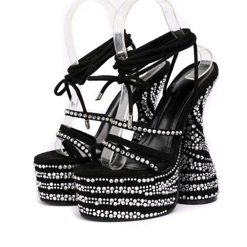 KIMLUD, Chunky Heels Sandals Crystal Rhinestone Design High Heels Fashion Peep Toe Ankle Cross Lace-Up Platform Shoes for Women Stripper, KIMLUD Womens Clothes