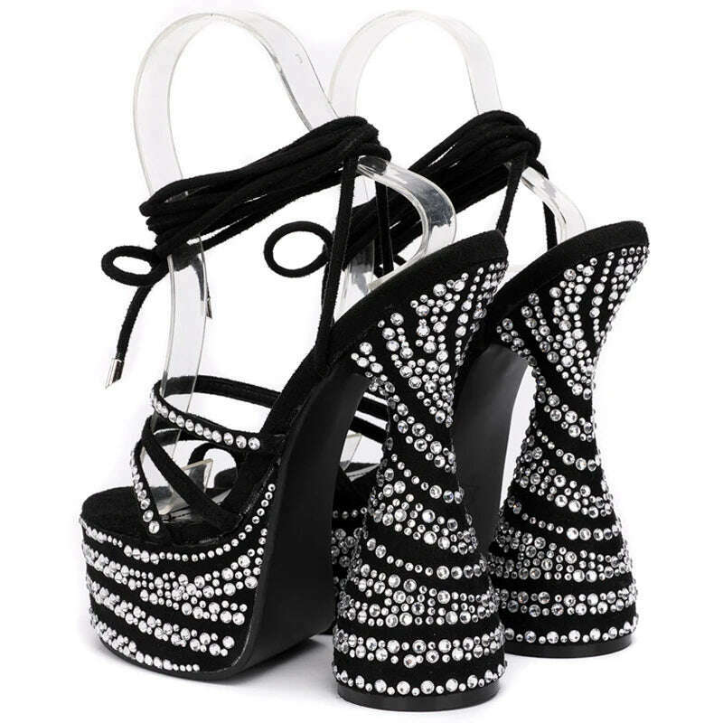 KIMLUD, Chunky Heels Sandals Crystal Rhinestone Design High Heels Fashion Peep Toe Ankle Cross Lace-Up Platform Shoes for Women Stripper, KIMLUD Womens Clothes