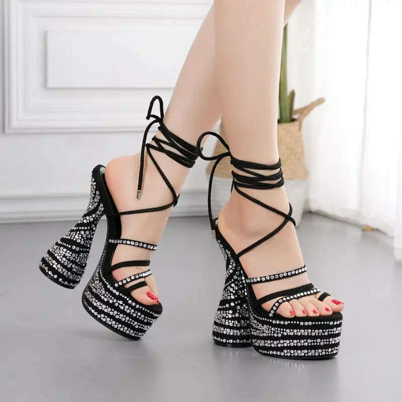 KIMLUD, Chunky Heels Sandals Crystal Rhinestone Design High Heels Fashion Peep Toe Ankle Cross Lace-Up Platform Shoes for Women Stripper, KIMLUD Womens Clothes