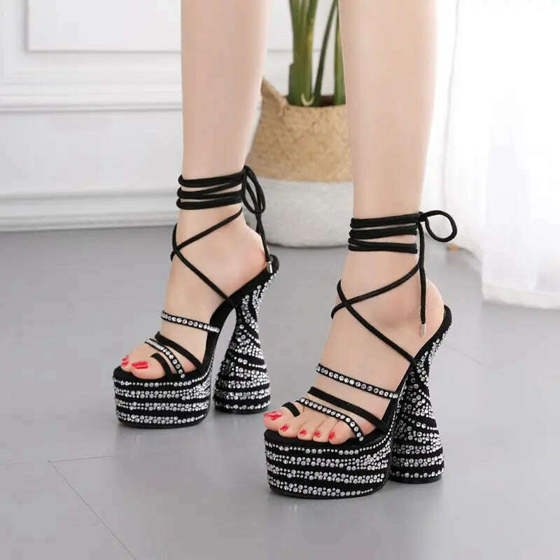 KIMLUD, Chunky Heels Sandals Crystal Rhinestone Design High Heels Fashion Peep Toe Ankle Cross Lace-Up Platform Shoes for Women Stripper, KIMLUD Womens Clothes