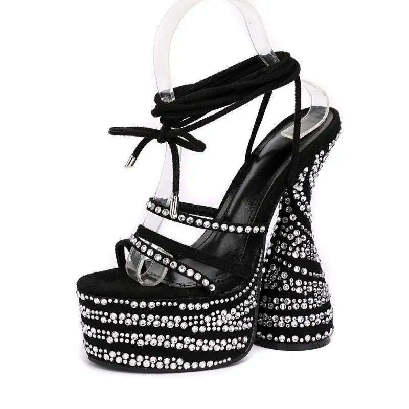 KIMLUD, Chunky Heels Sandals Crystal Rhinestone Design High Heels Fashion Peep Toe Ankle Cross Lace-Up Platform Shoes for Women Stripper, KIMLUD Womens Clothes