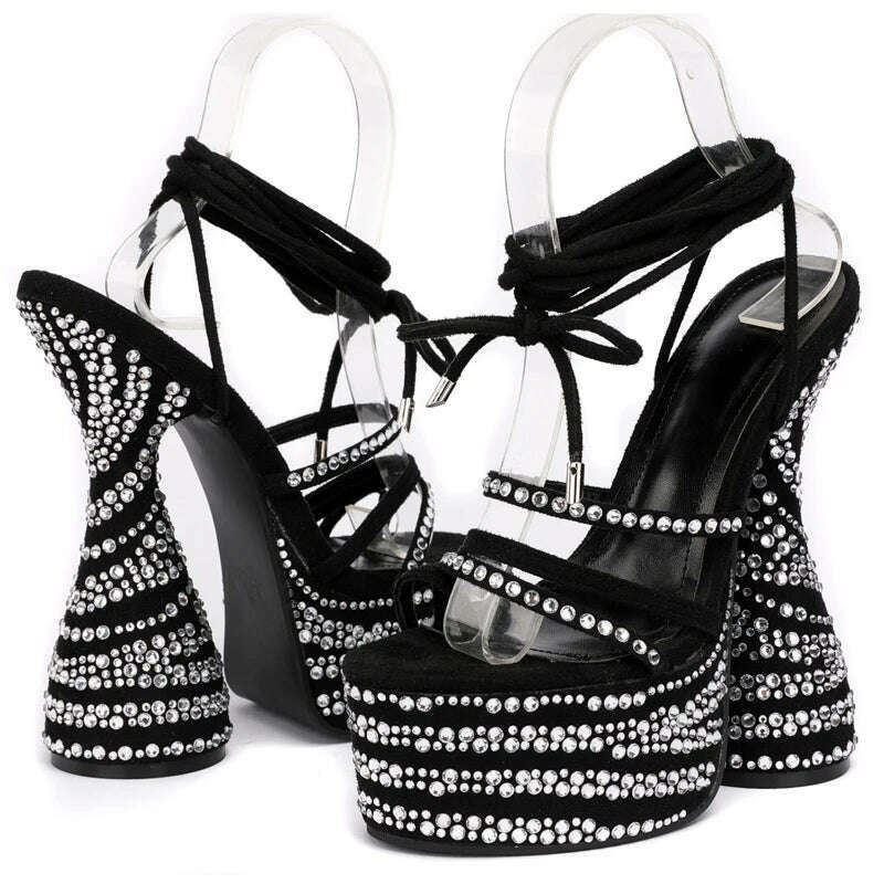 KIMLUD, Chunky Heels Sandals Crystal Rhinestone Design High Heels Fashion Peep Toe Ankle Cross Lace-Up Platform Shoes for Women Stripper, KIMLUD Womens Clothes