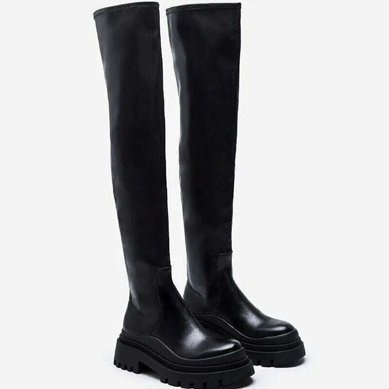 Chunky Platform Black Long Boots Women 2022 Autumn PU Leather Over The Knee Boots Woman Slip on Thick Bottom Motorcycle Shoes - KIMLUD