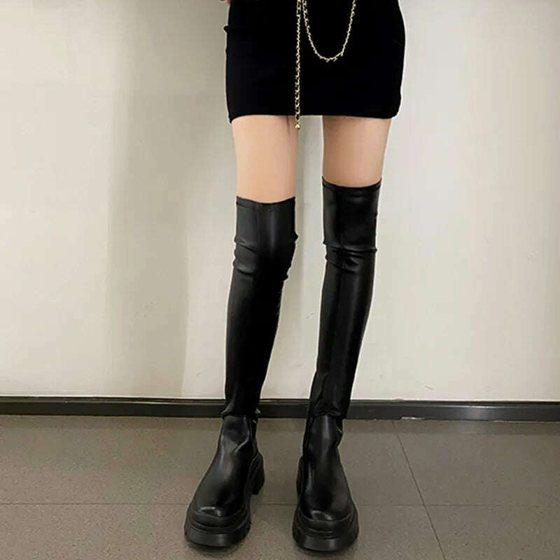 Chunky Platform Black Long Boots Women 2022 Autumn PU Leather Over The Knee Boots Woman Slip on Thick Bottom Motorcycle Shoes - KIMLUD