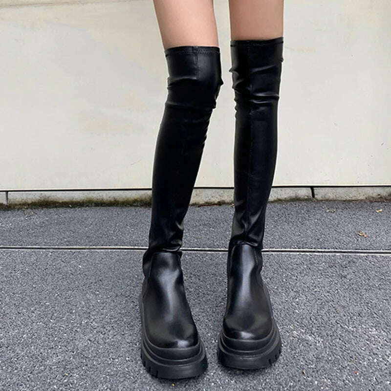 Chunky Platform Black Long Boots Women 2022 Autumn PU Leather Over The Knee Boots Woman Slip on Thick Bottom Motorcycle Shoes - KIMLUD