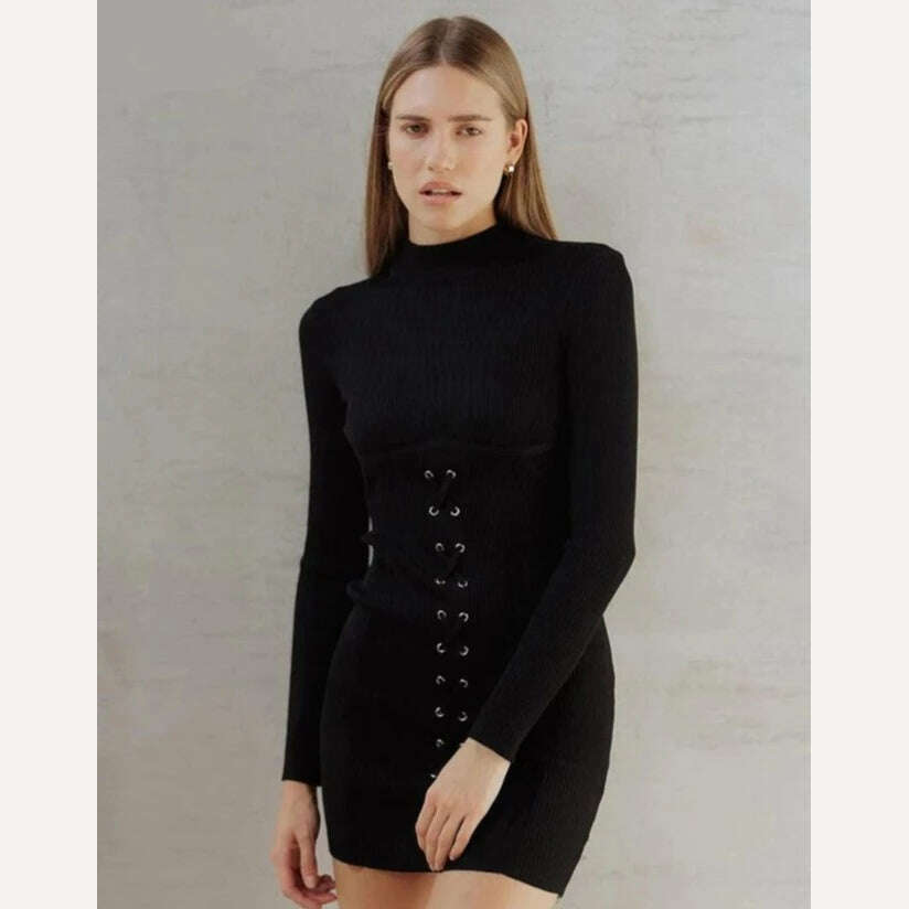 KIMLUD, Clacive Bodycon Black Knitted Women'S Dress 2024 Fashion Stand Collar Long Sleeve Mini Dresses Elegant Slim Bandage Female Dress, black / S / CHINA, KIMLUD APPAREL - Womens Clothes