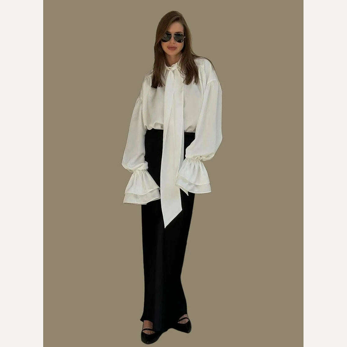 Clacive Casual Loose White Women'S Shirts 2024 Fashion Lapel Long Sleeve Office Blouses Elegant Lace-Up Ruffle Solid Top Female - KIMLUD