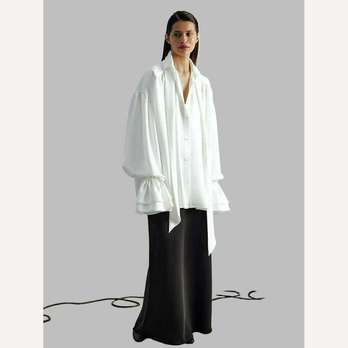 Clacive Casual Loose White Women'S Shirts 2024 Fashion Lapel Long Sleeve Office Blouses Elegant Lace-Up Ruffle Solid Top Female - KIMLUD