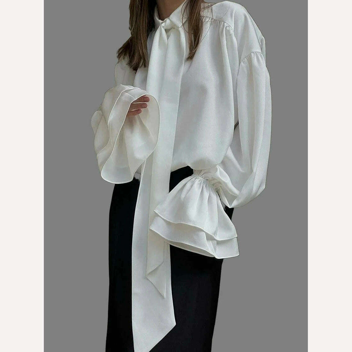 Clacive Casual Loose White Women'S Shirts 2024 Fashion Lapel Long Sleeve Office Blouses Elegant Lace-Up Ruffle Solid Top Female - KIMLUD