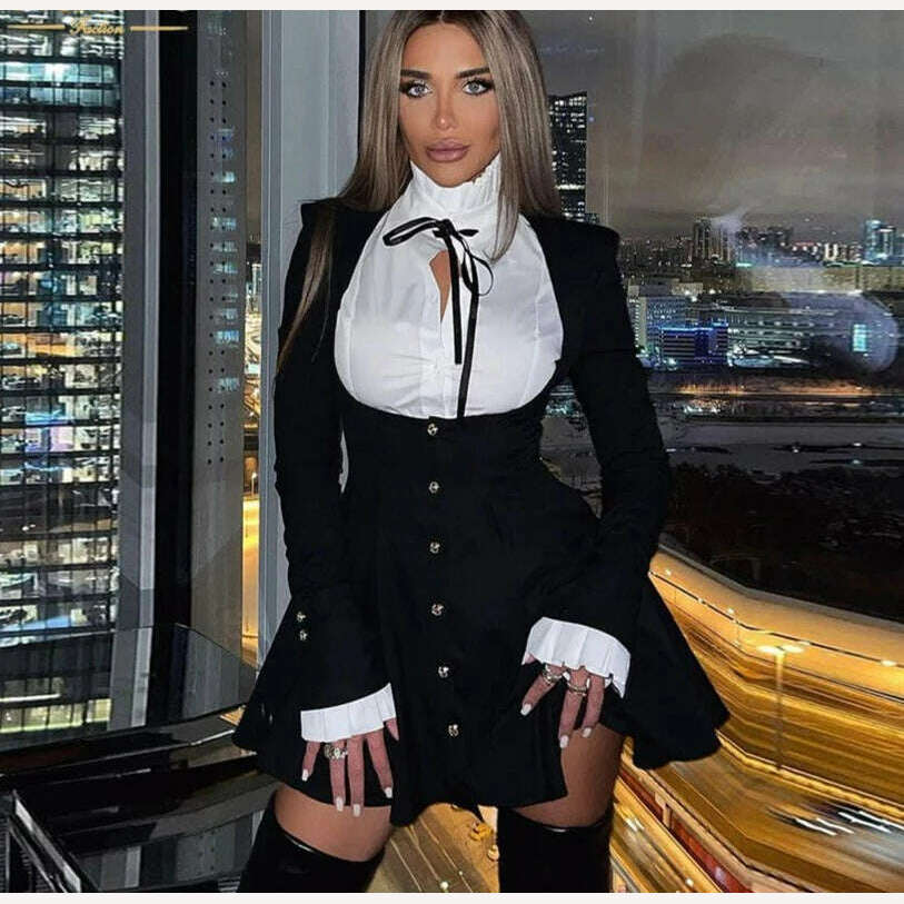 KIMLUD, Clacive Fashion Loose Black Women Dress Sexy Trutleneck Long Sleeve Mini Dresses Elegant Patchwork Single Breasted Female Dress, black / S / CHINA, KIMLUD APPAREL - Womens Clothes