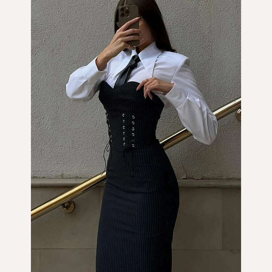 KIMLUD, Clacive Fashion Slim Black 2 Piece Sets Women Outfit Elegant Long Sleeve Shirt With Strapless Bandage Midi Dress Set Streetwear, KIMLUD Womens Clothes