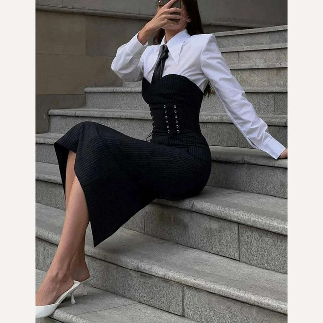 KIMLUD, Clacive Fashion Slim Black 2 Piece Sets Women Outfit Elegant Long Sleeve Shirt With Strapless Bandage Midi Dress Set Streetwear, KIMLUD Womens Clothes