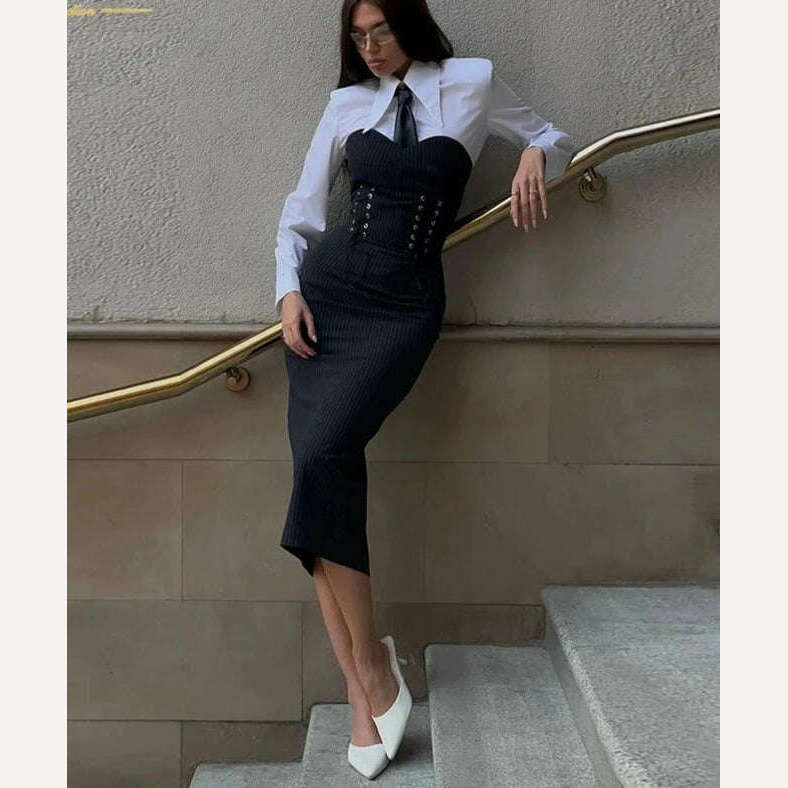 KIMLUD, Clacive Fashion Slim Black 2 Piece Sets Women Outfit Elegant Long Sleeve Shirt With Strapless Bandage Midi Dress Set Streetwear, WHITE / S / CN, KIMLUD Womens Clothes