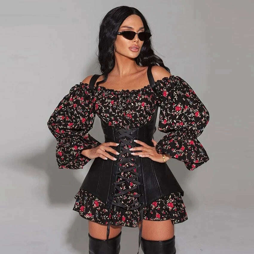 KIMLUD, Clacive Fashion Slim Print Womens Dresses 2023 Bodycon Slash Neck Long Sleeve Mini Dress Elegant Bandage Corset Female Dress, black / S / CN, KIMLUD APPAREL - Womens Clothes