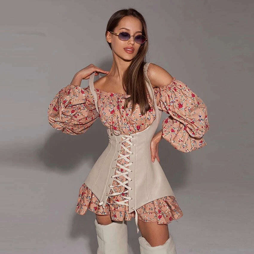 KIMLUD, Clacive Fashion Slim Print Womens Dresses 2023 Bodycon Slash Neck Long Sleeve Mini Dress Elegant Bandage Corset Female Dress, Khaki / S / CN, KIMLUD APPAREL - Womens Clothes